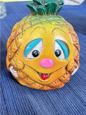 #2 Vintage Pineapple Face Chalkware Figurine - Yellow with Green Top